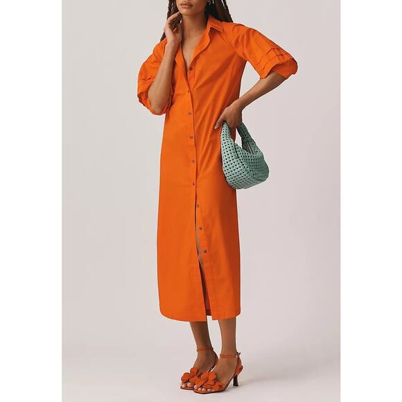 Maeve Anthropologie Puff Short Sleeve Cotton Midi Shirt Dress Orange Small - Picture 1 of 12